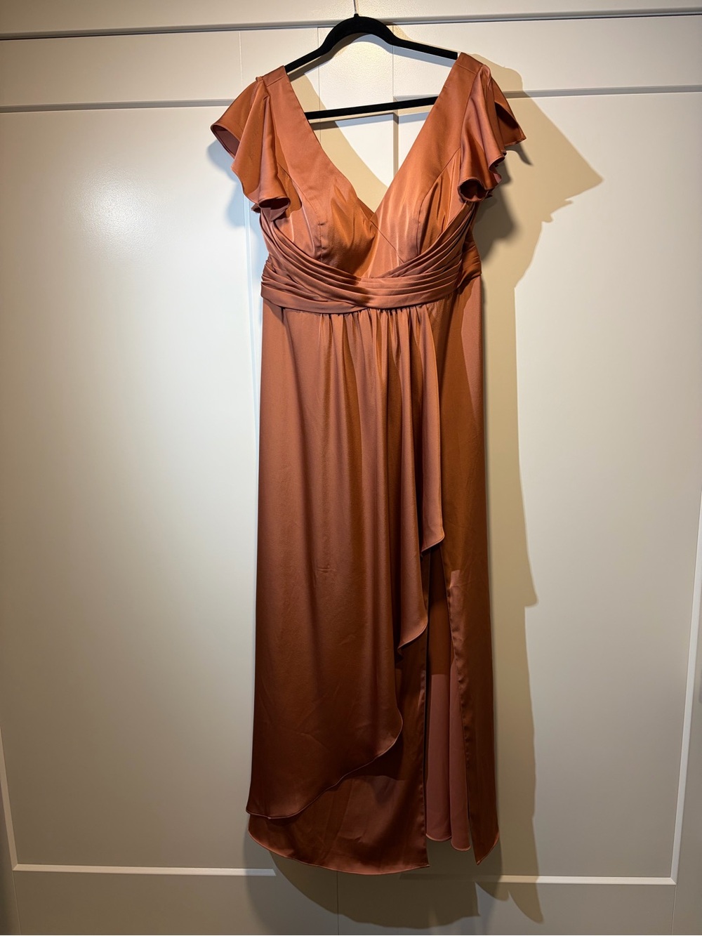 Azazi Satin Copper Ruffle-Sleeve V-Neck Dress
